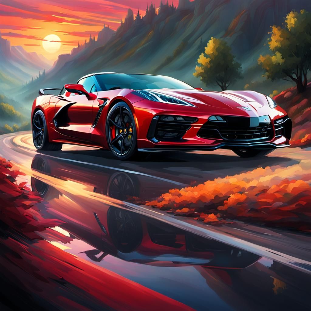 Sleek Cherry Red Corvette Speeds Through Vibrant Dreamlike L...
