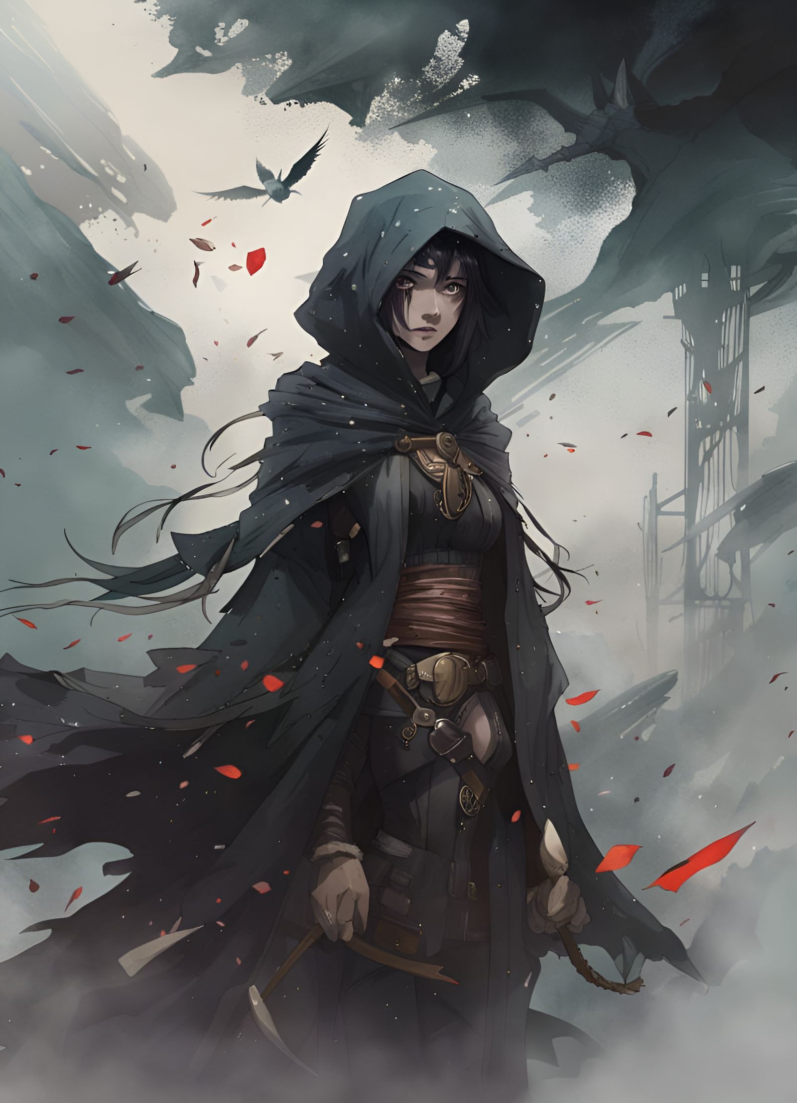 Anime Cloaked Figure with Daggers in Mists