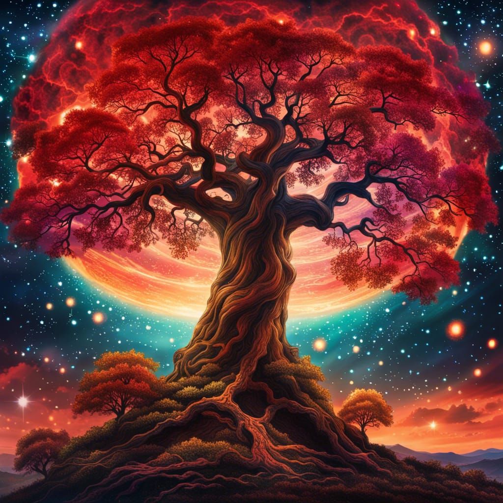 Magical Oak Tree with Red Cloud Leaves
