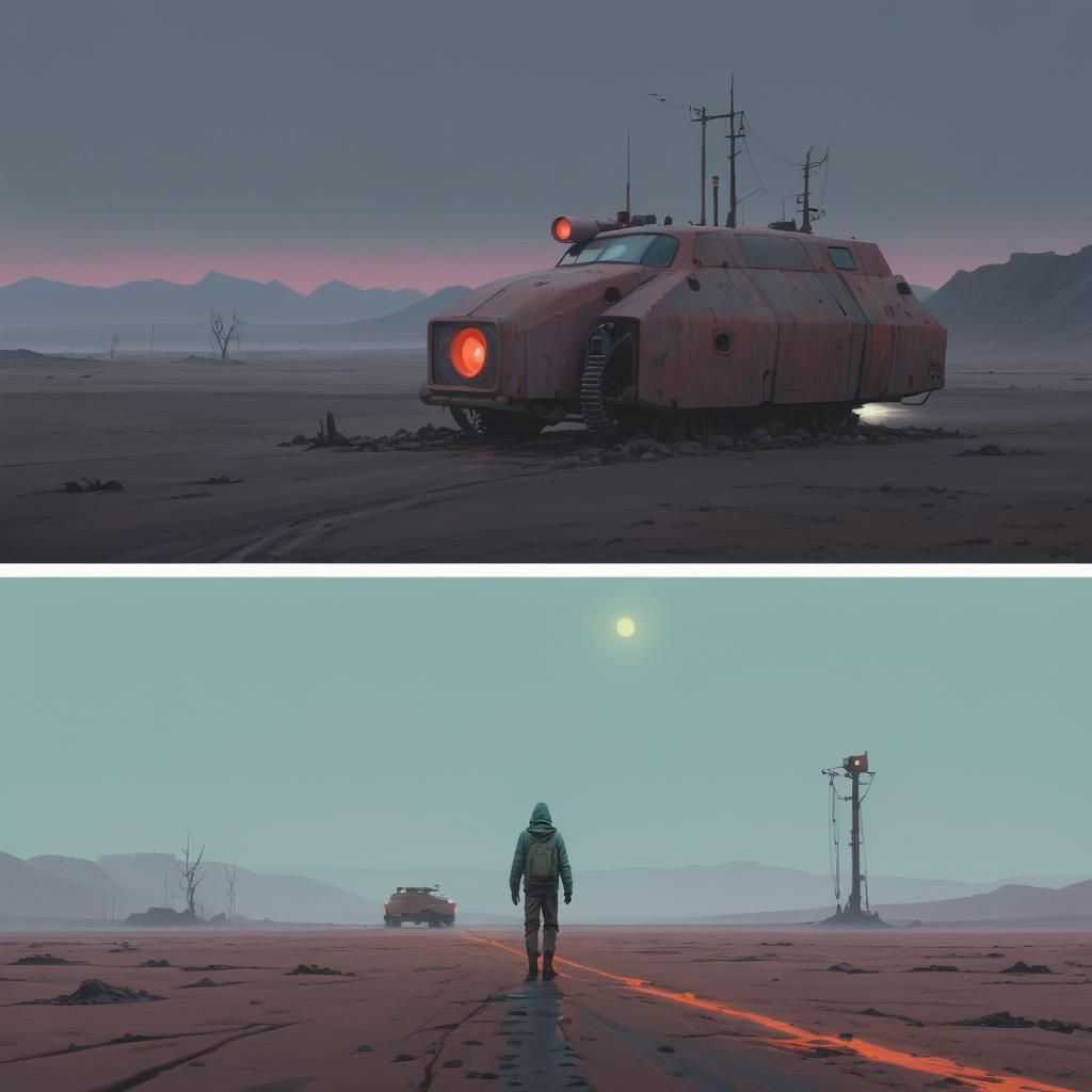Art by Simon Stålenhag, lone wanderer, navigating a barren w...