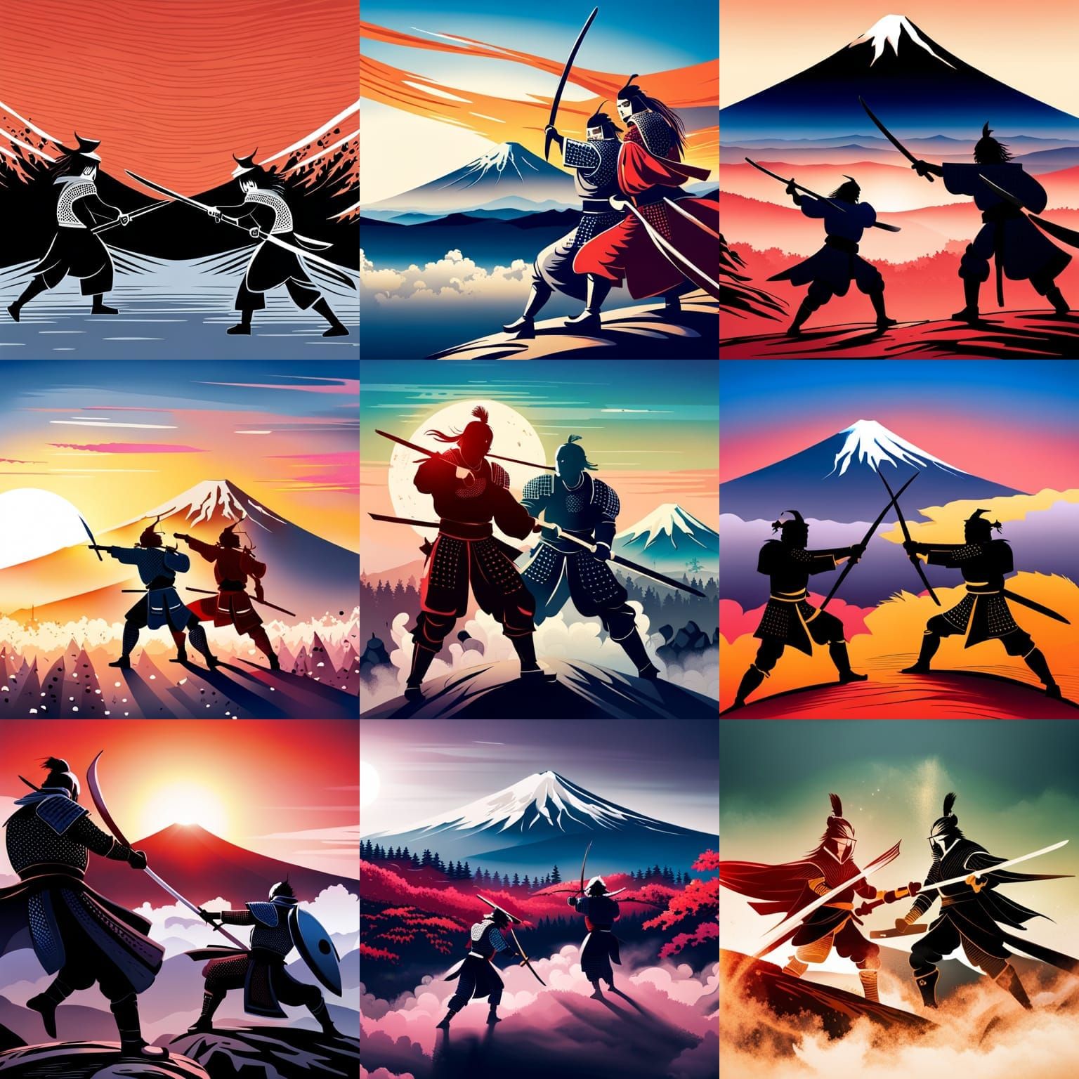 Samurai Warriors Duel on Mount Fuji: Japanese Art