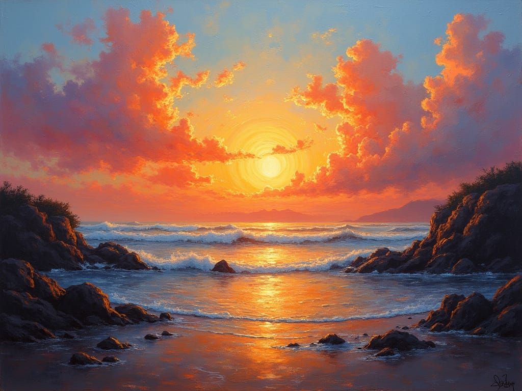 Vibrant Sunset Landscape in Neo-Impressionist Style