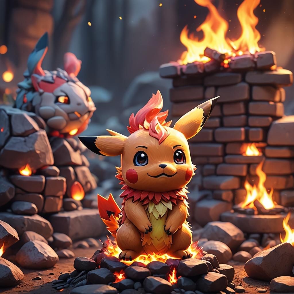 Fiery Chibi Pokémon in Vibrant 3D Digital Art