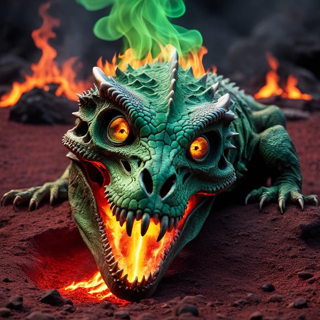 Green Flame Dragon Skull on Lava Ground