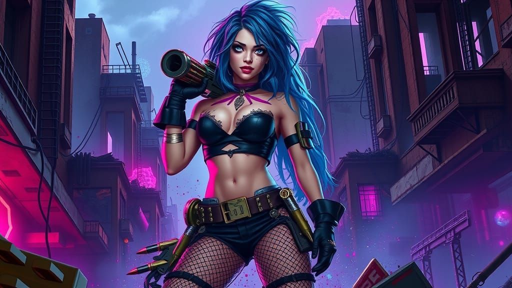 Jinx in War-Torn Cityscape: Cyberpunk Aesthetic