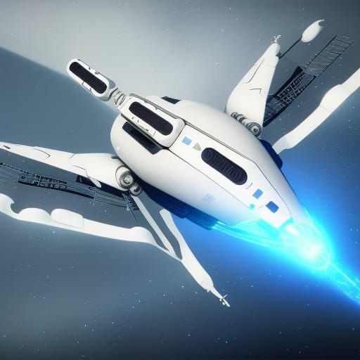 White Spaceship Landing on Blue Planet in Digital Art