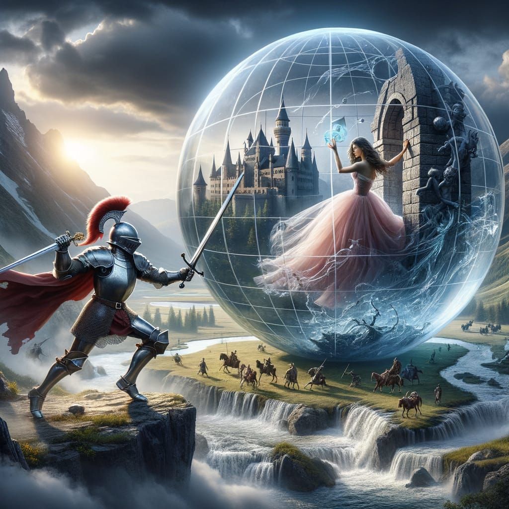Knight Rescuing Princess in Glass Globe, Digital Matte Paint...