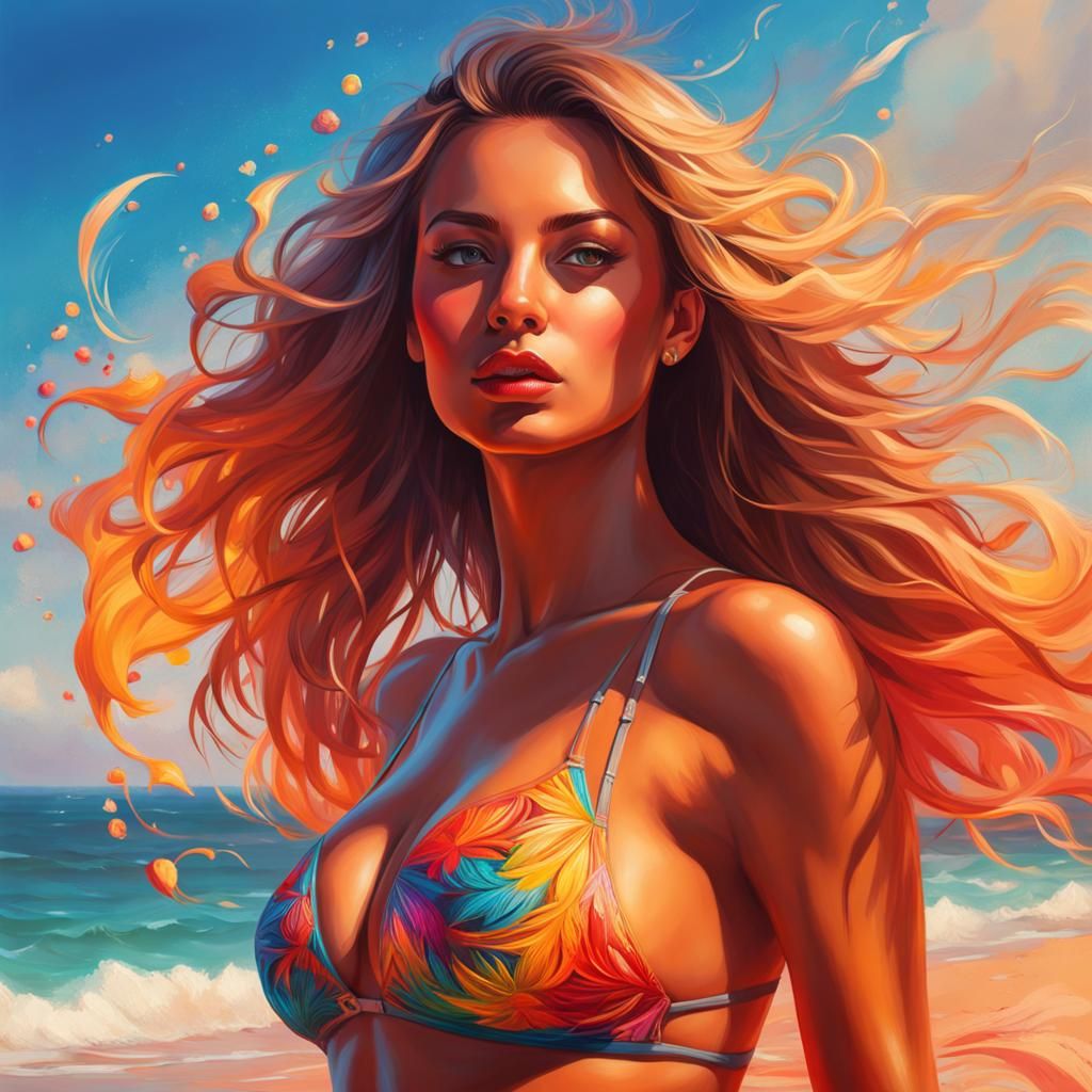 Hyperrealistic Woman on Beach in Splash Art Style