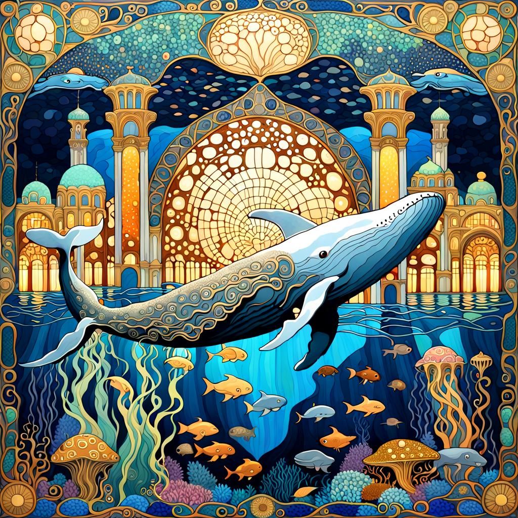 Glowing Whale in Art Nouveau Style