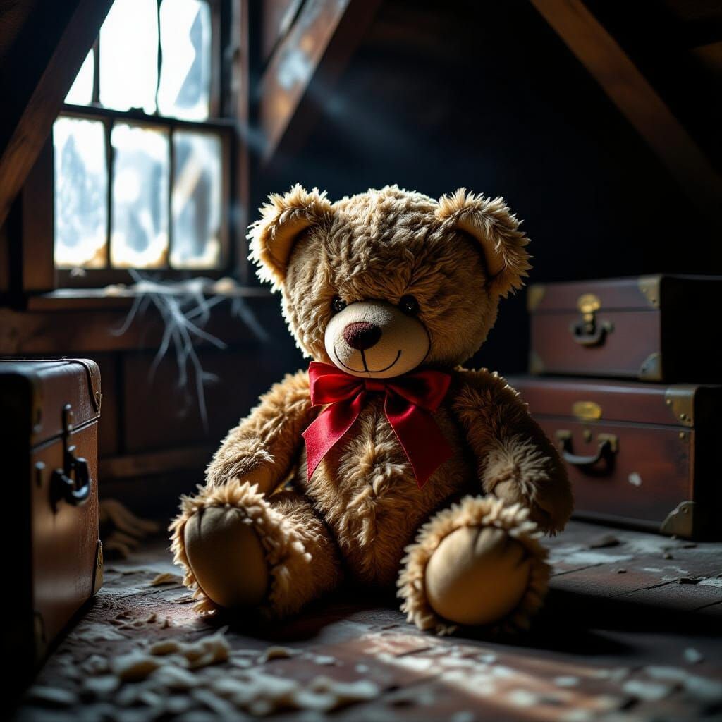 Haunting Teddy Bear in Moonlight Attic