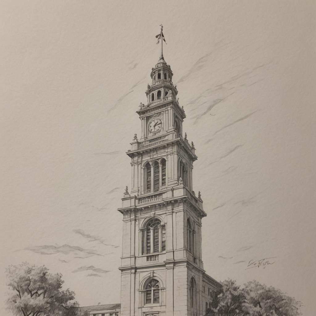 UT Clock Tower Pencil Sketch: Minimalist Cross-Hatching