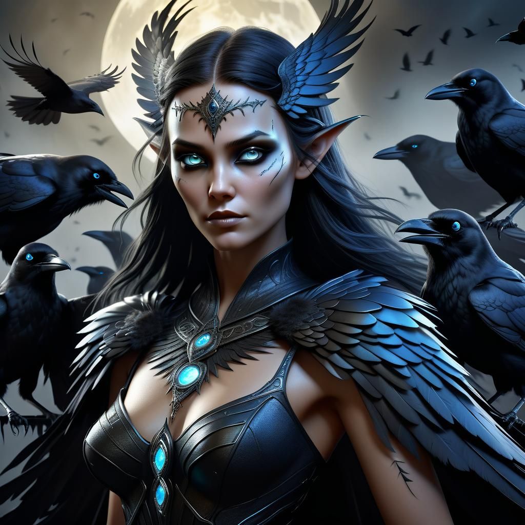 Luminous Sorceress with Crows: A Digital Painting
