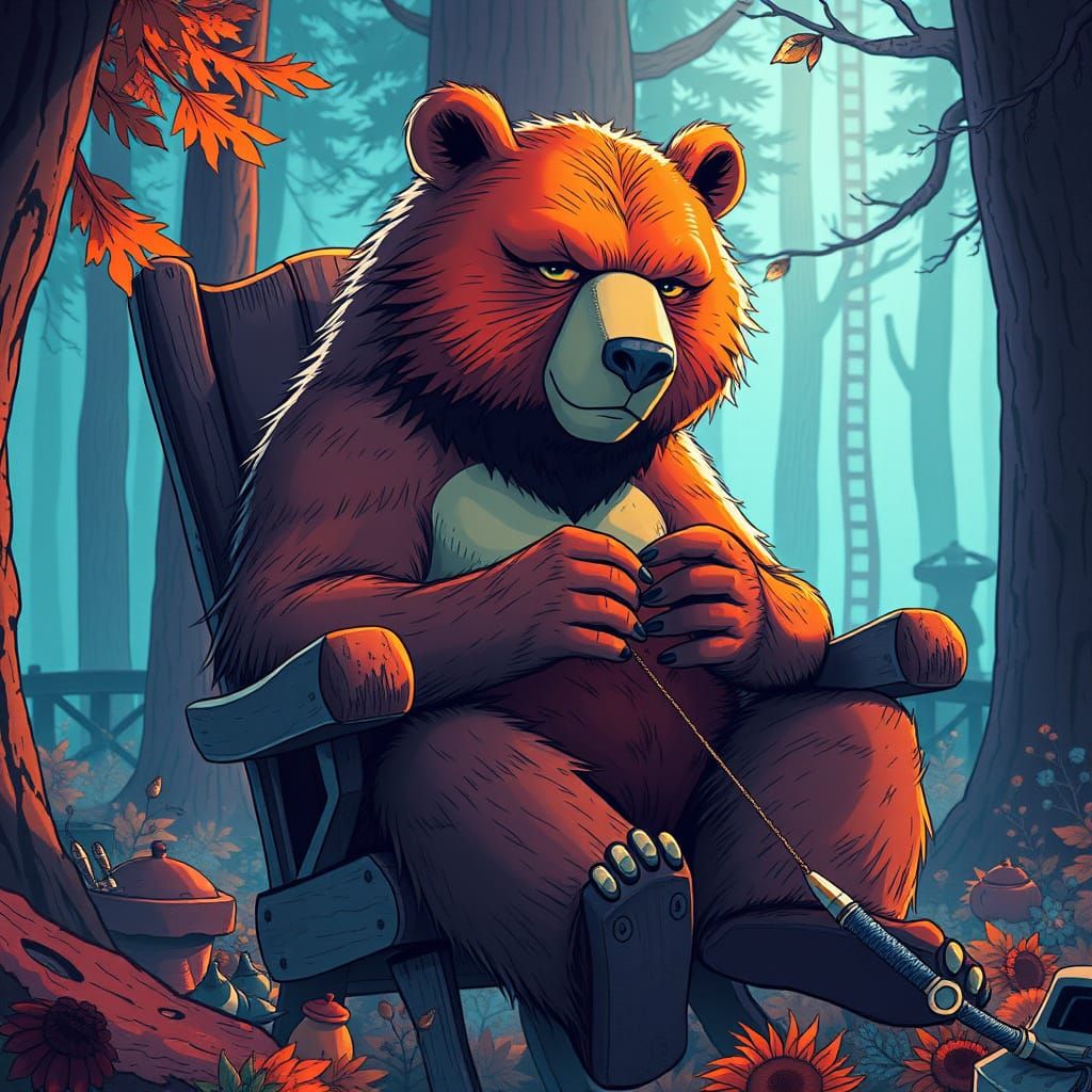 80s Anime Bear Knitting in Forest