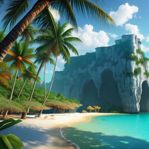 Tropical Island Cove with Dolphins in Golden Light