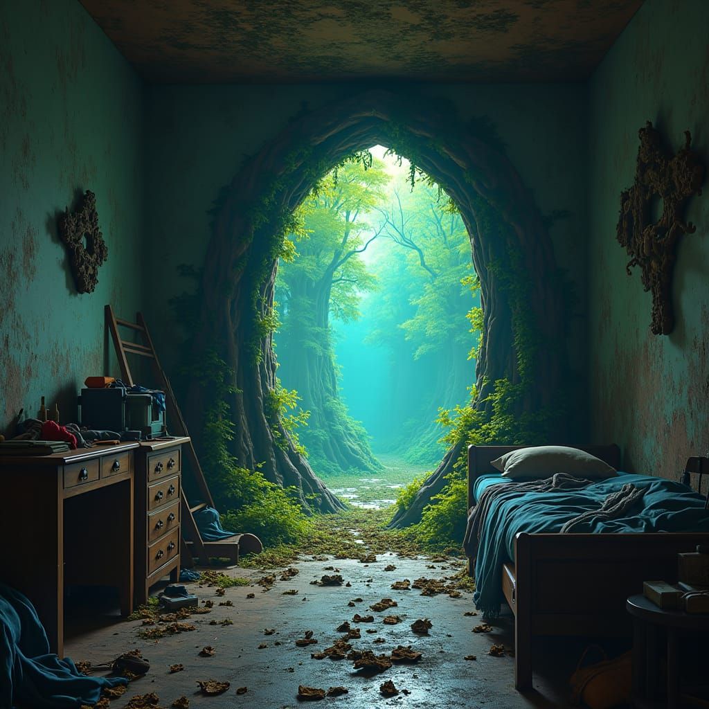 Mythical Forest Portal in Bedroom, Fantasy Concept Art