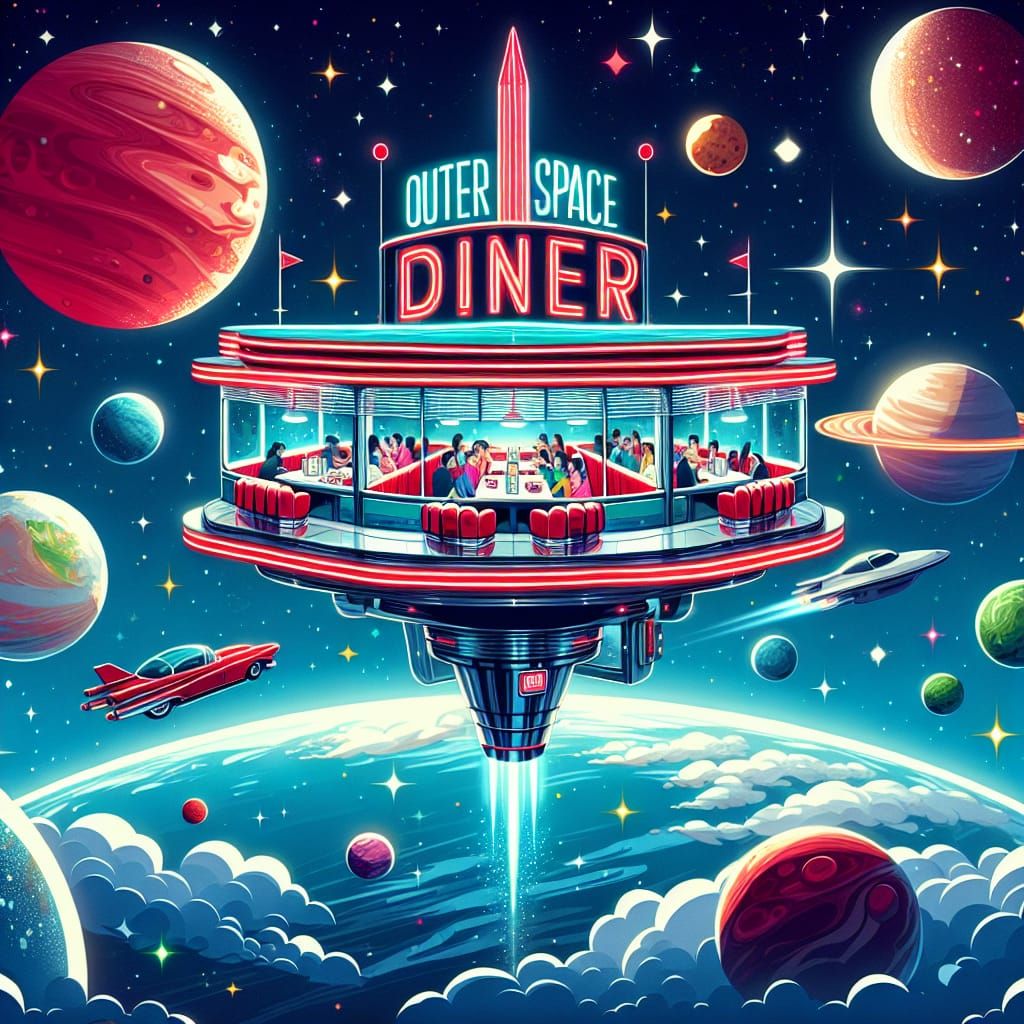 Cosmic Diner in Retro-Futuristic Space Setting