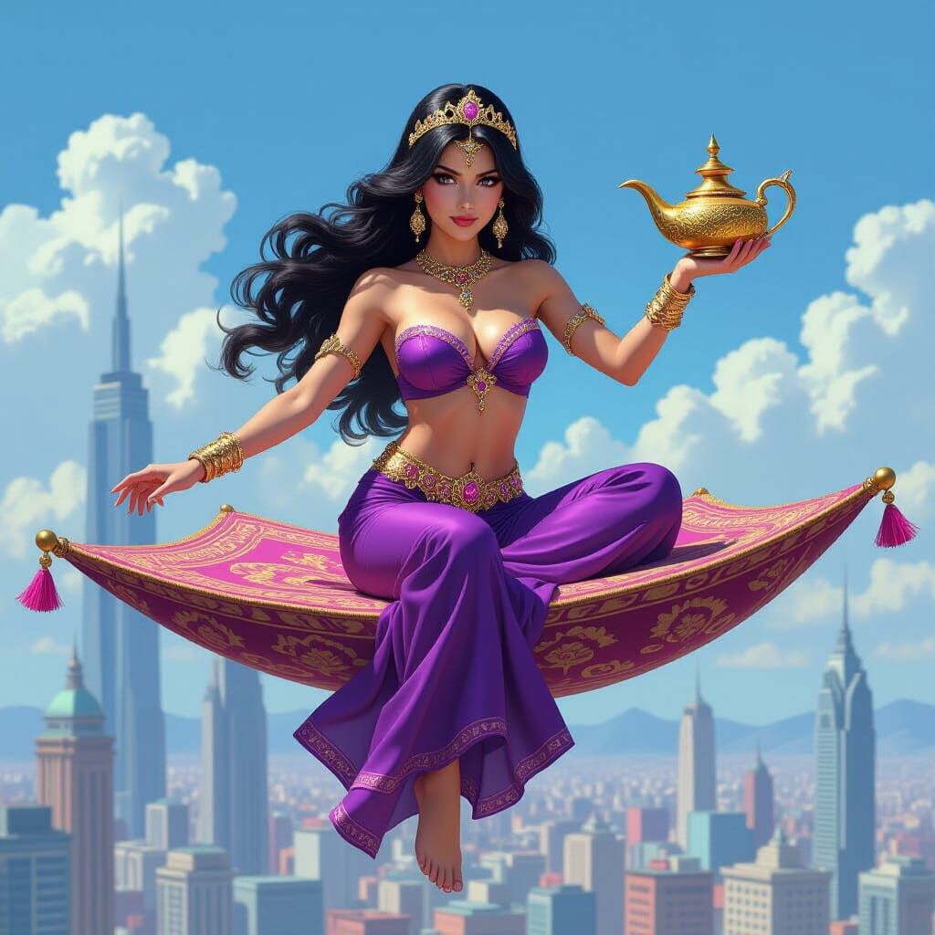 Superheroine Rides Flying Carpet Over City in Frazetta Style