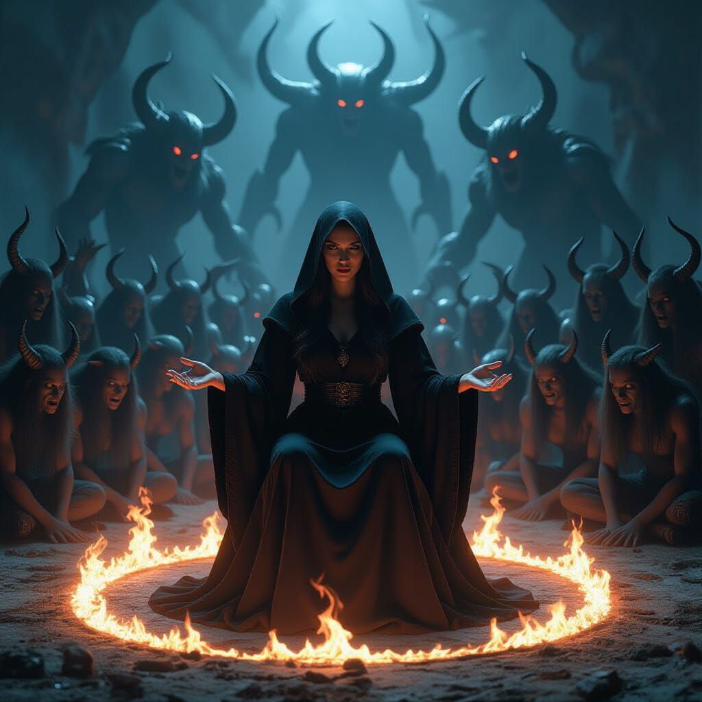 Mystical Witch Surrounded by Demons in Dark Art Style