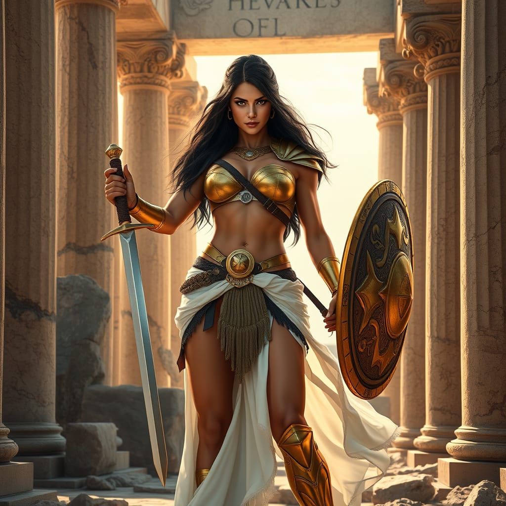 Classical Warrior Goddess Amidst Ancient Ruins