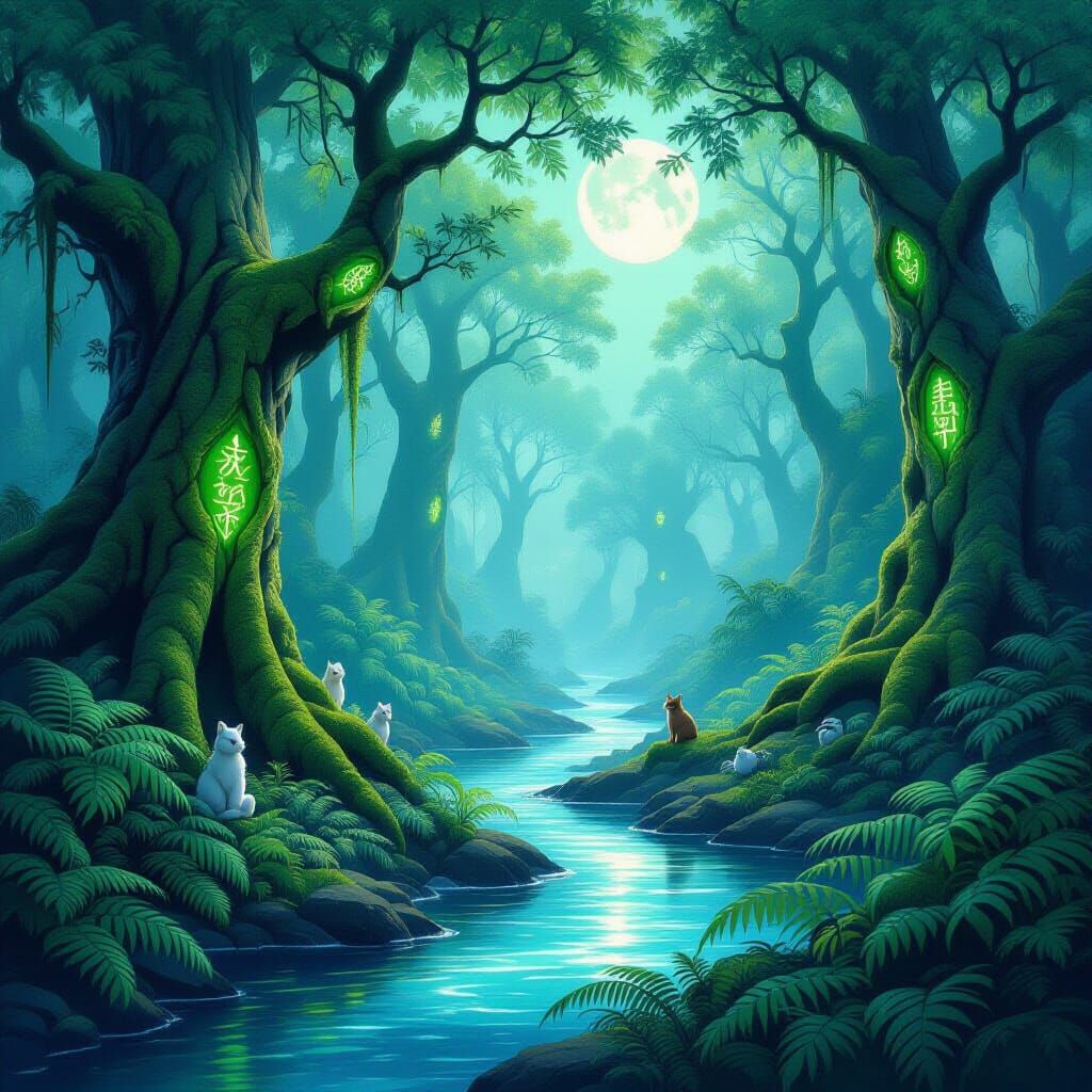 Enchanted Forest Mural with Glowing Runes