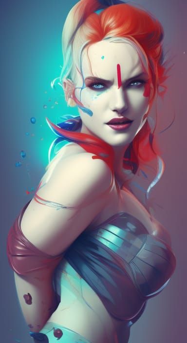 midshot, cel-shading style, centered image, ultra detailed illustration of Harley Quinn posing, grin, (tetradic colors),...