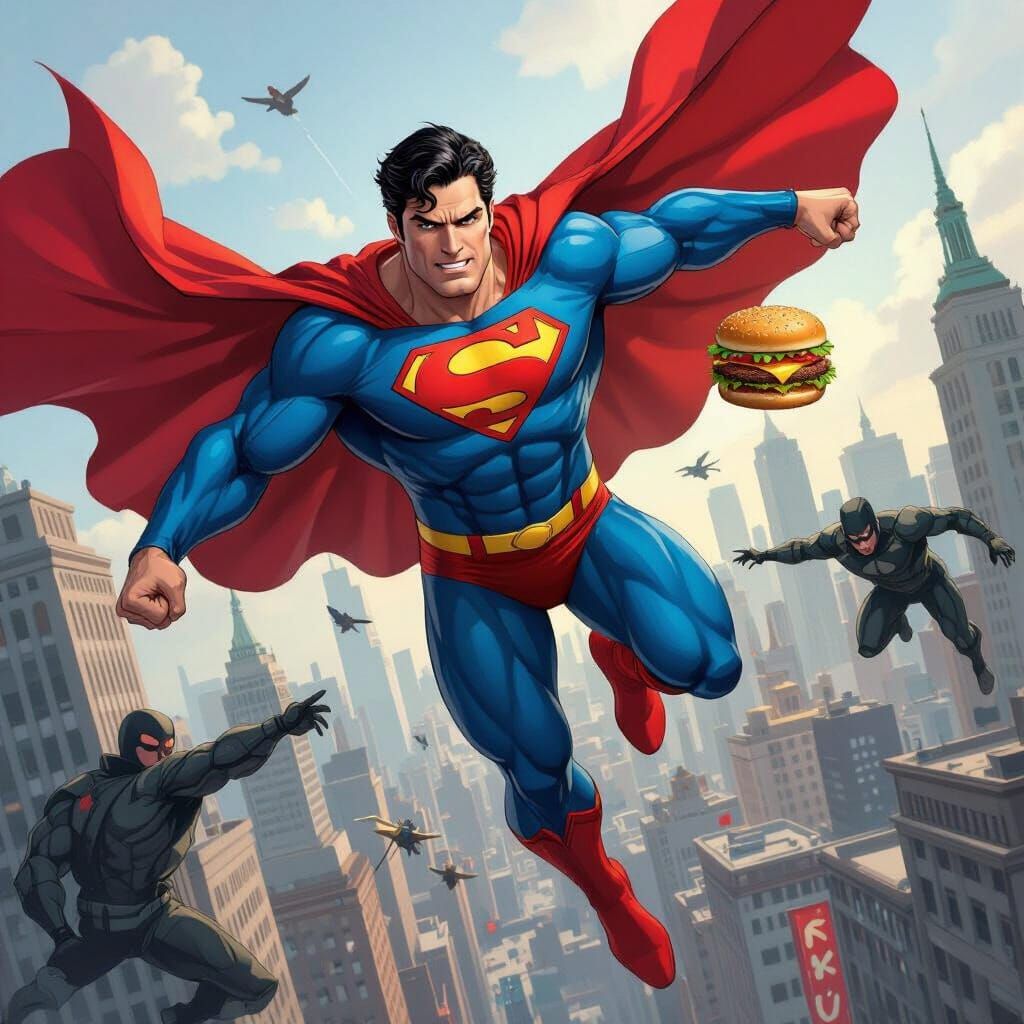 Superman Battles Foes Over Metropolis in Comic Book Style