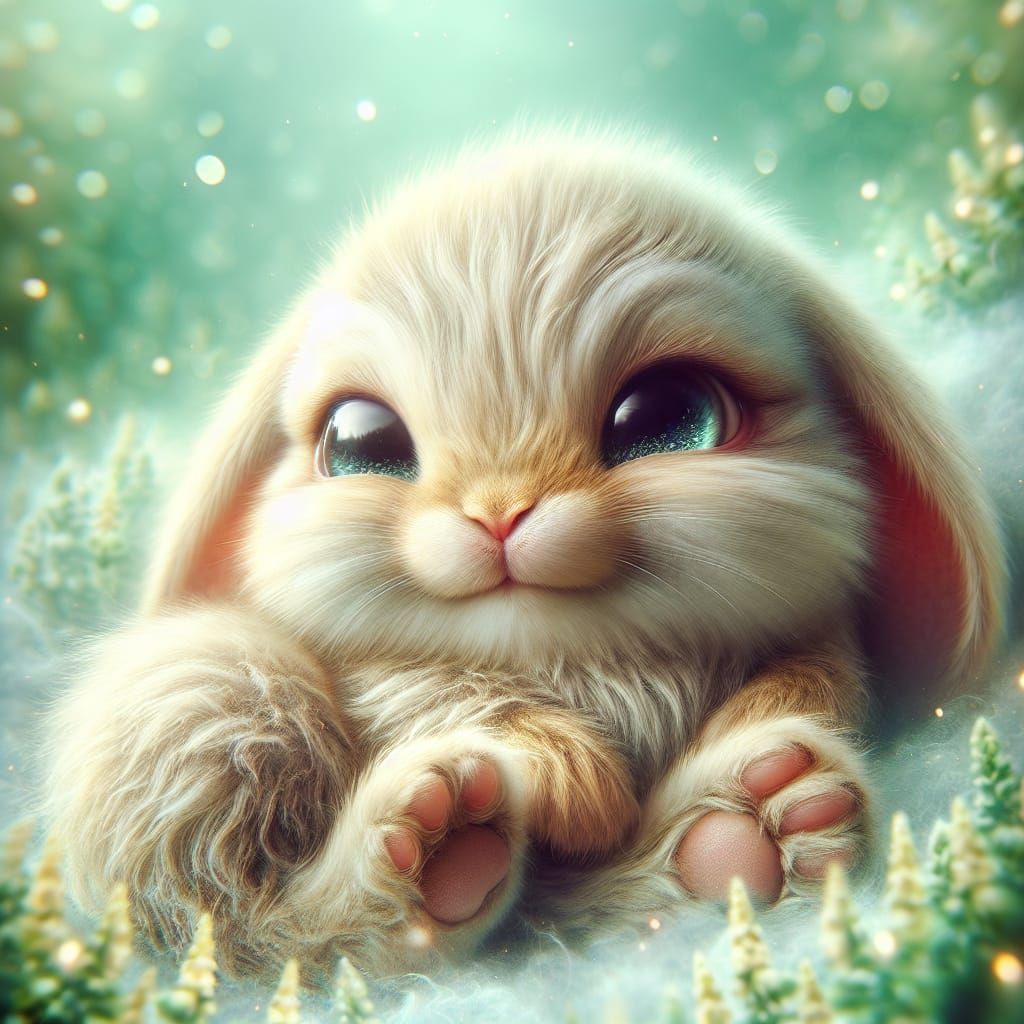 Picturesque Fantasy Baby Bunny Rabbit Asleep