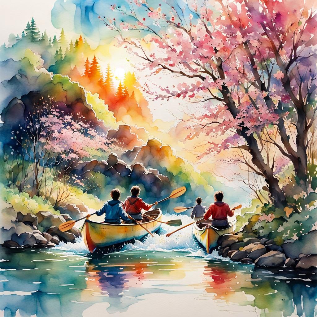 Watercolor Brothers Canoe Down River at Sunrise