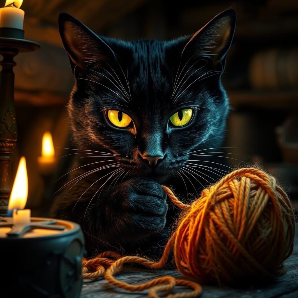 Mystical Cat Unravels Sparkling Yarn in Witch's Hut