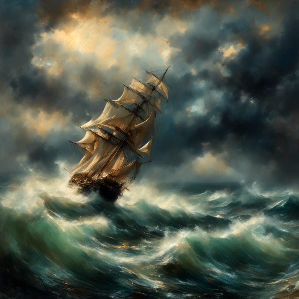 Sailboat in Stormy Seas: Dramatic Oil Painting