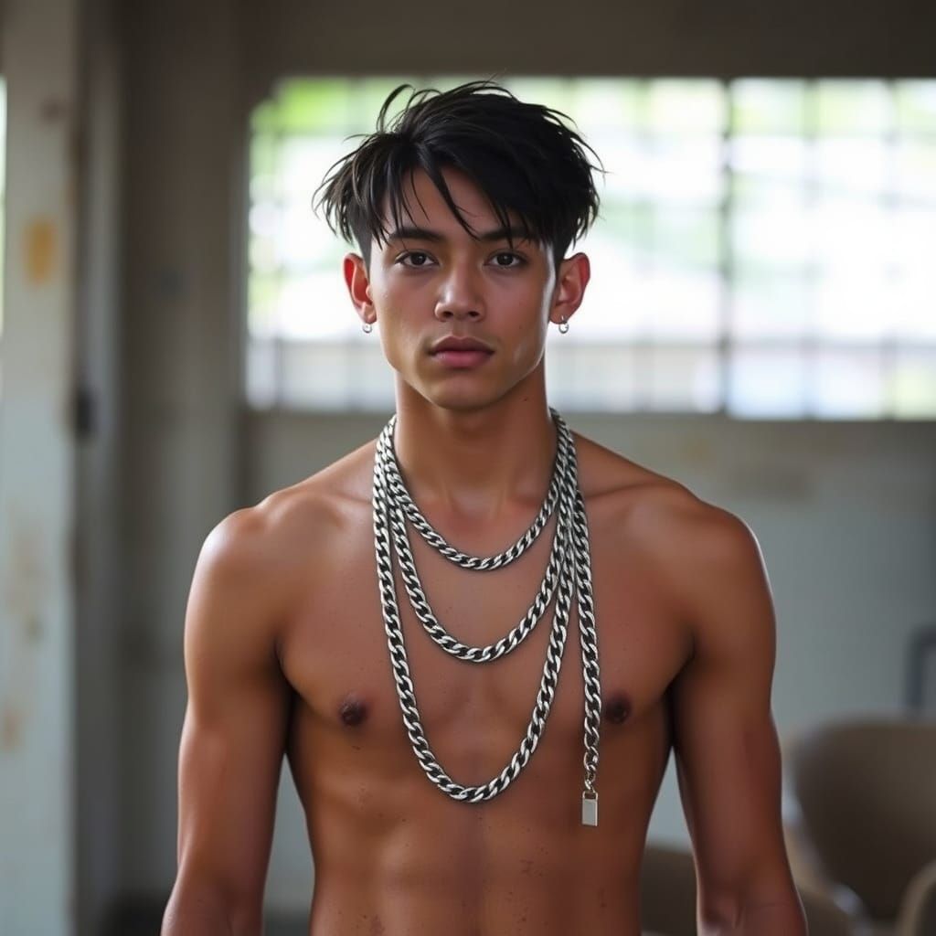 Elegant Young Man with Silver Chains in Hypnotic Pose