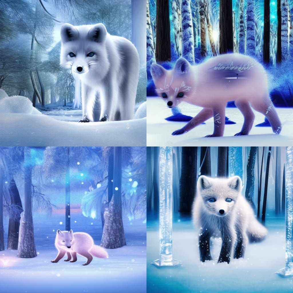 Adorable Arctic Fox in Snowy Forest, Art Nouveau