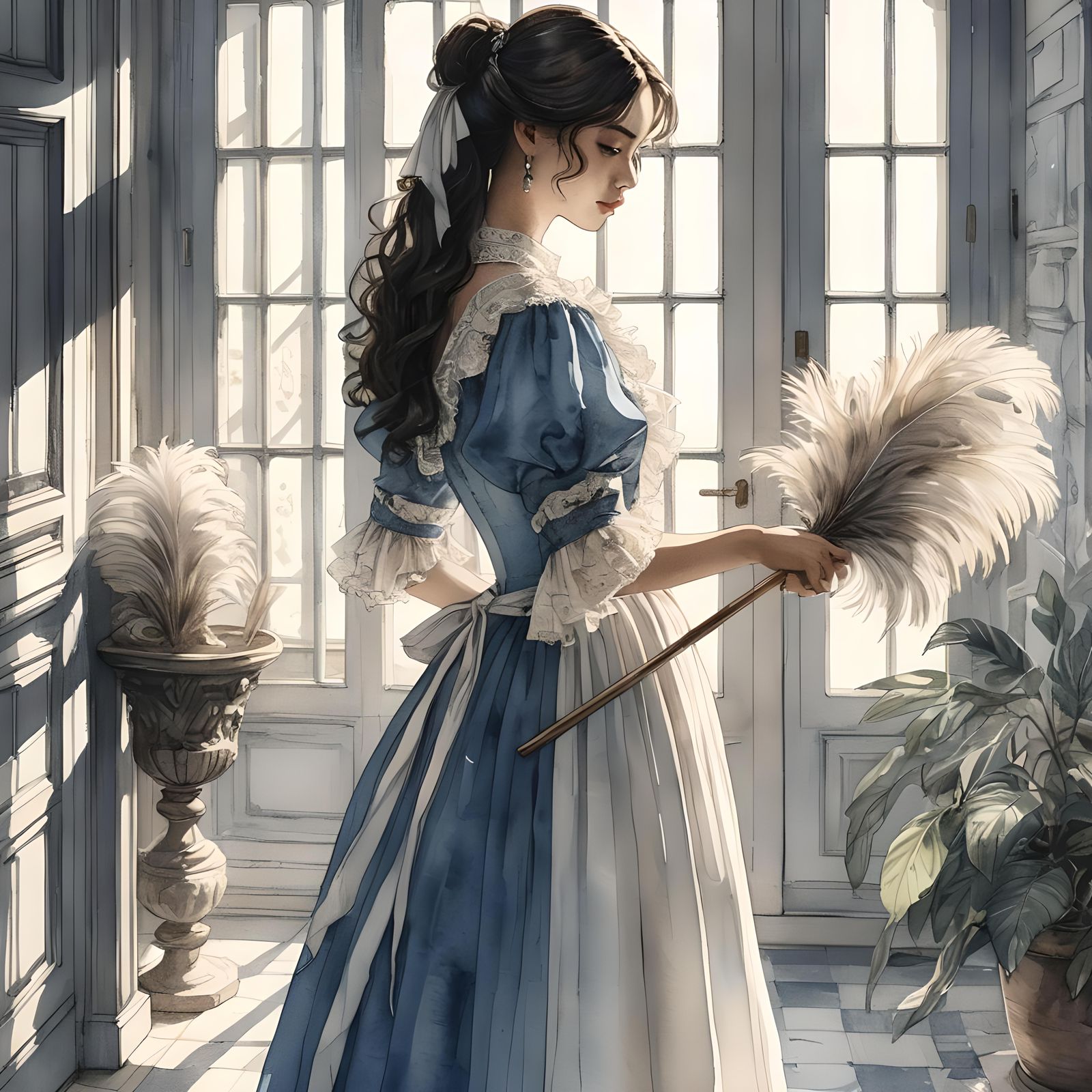 Woman with Feather Dusters Watercolor Illustration