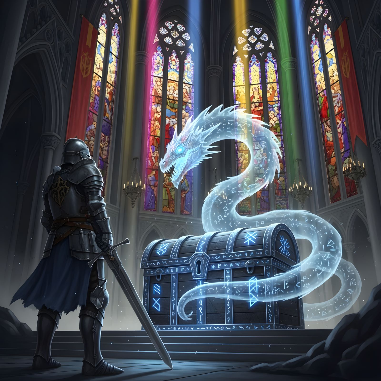 Knight Guarding Rune-Inscribed Chest in Gothic Cathedral