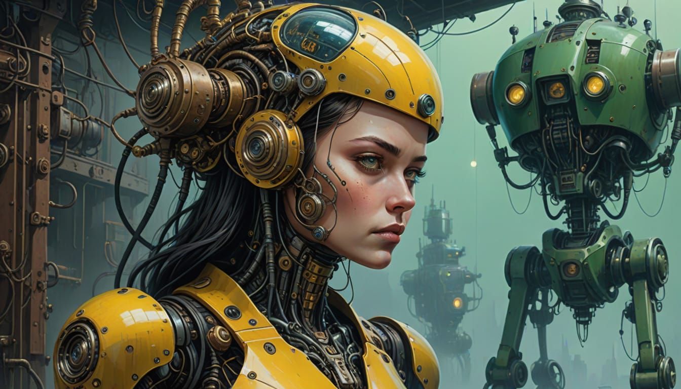 Steampunk Robot and Woman in Intimate Moment