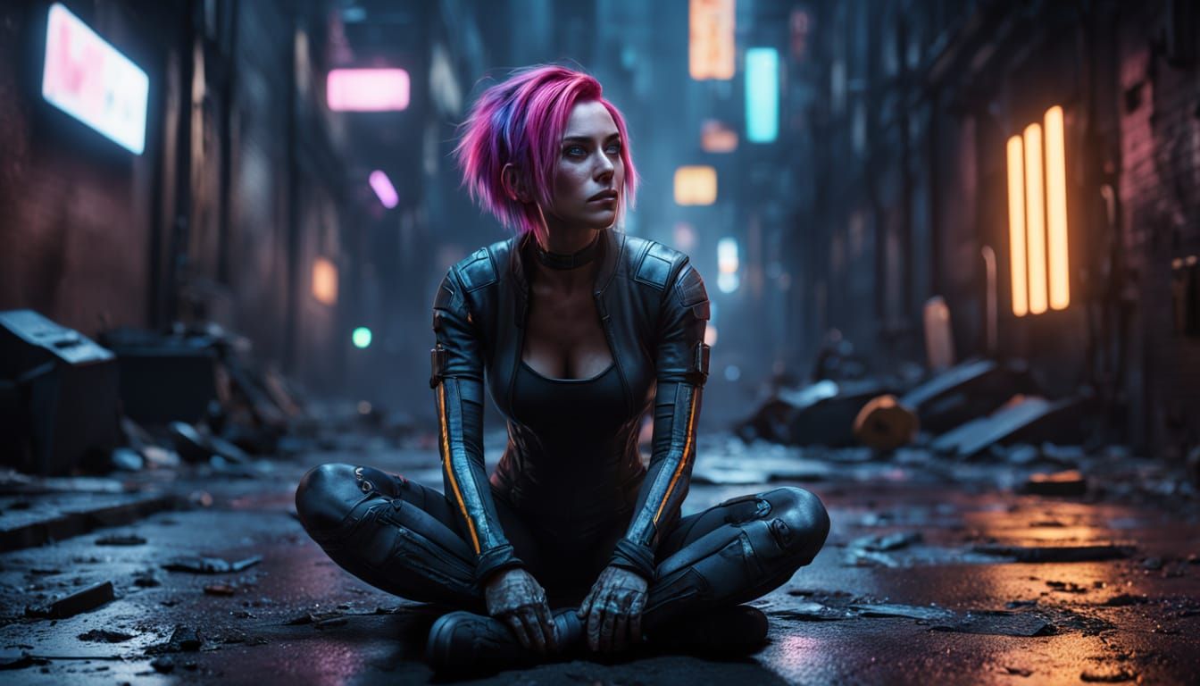 Cyberpunk Woman in Neon Alleyway
