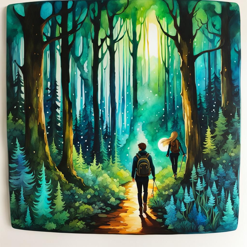 Traveler and Elf in Bioluminescent Forest