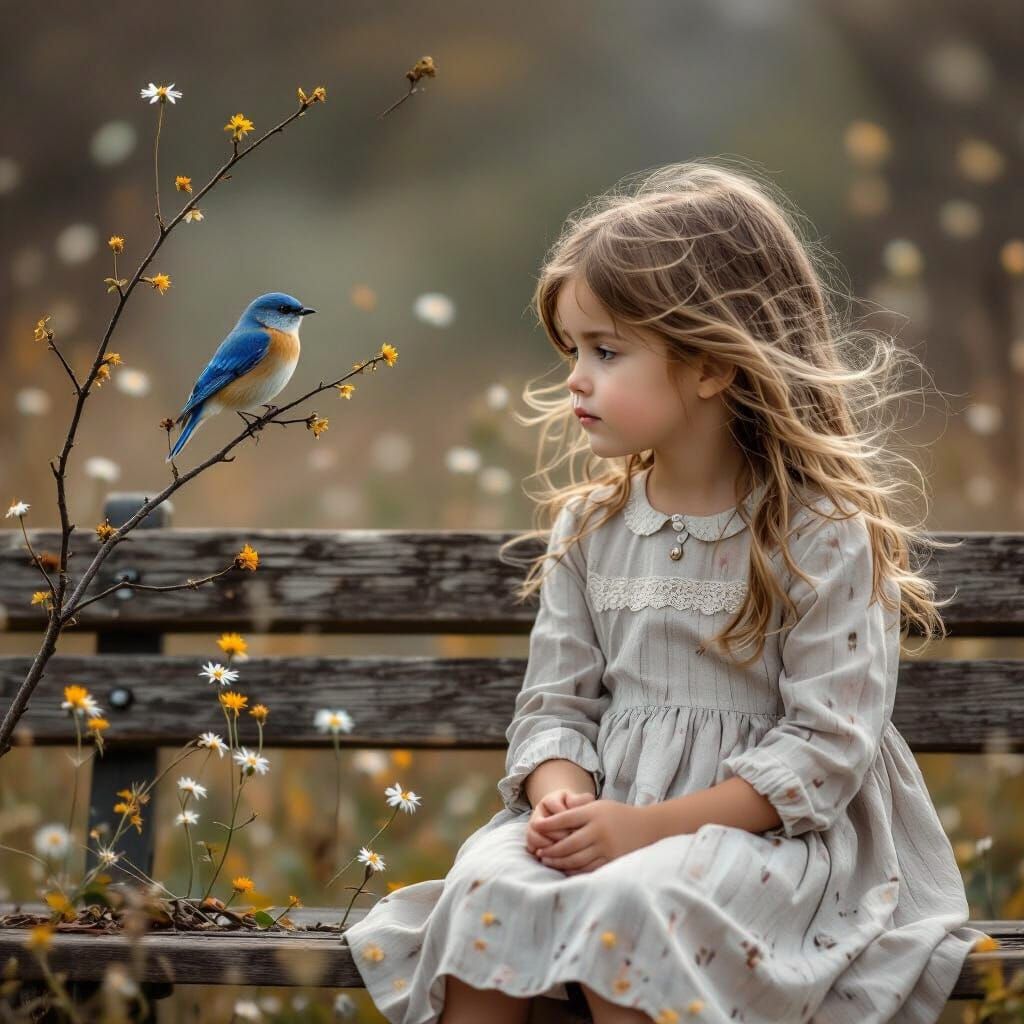 Girl Gazes at Bluebird on Bench, Thomas Kinkade Style