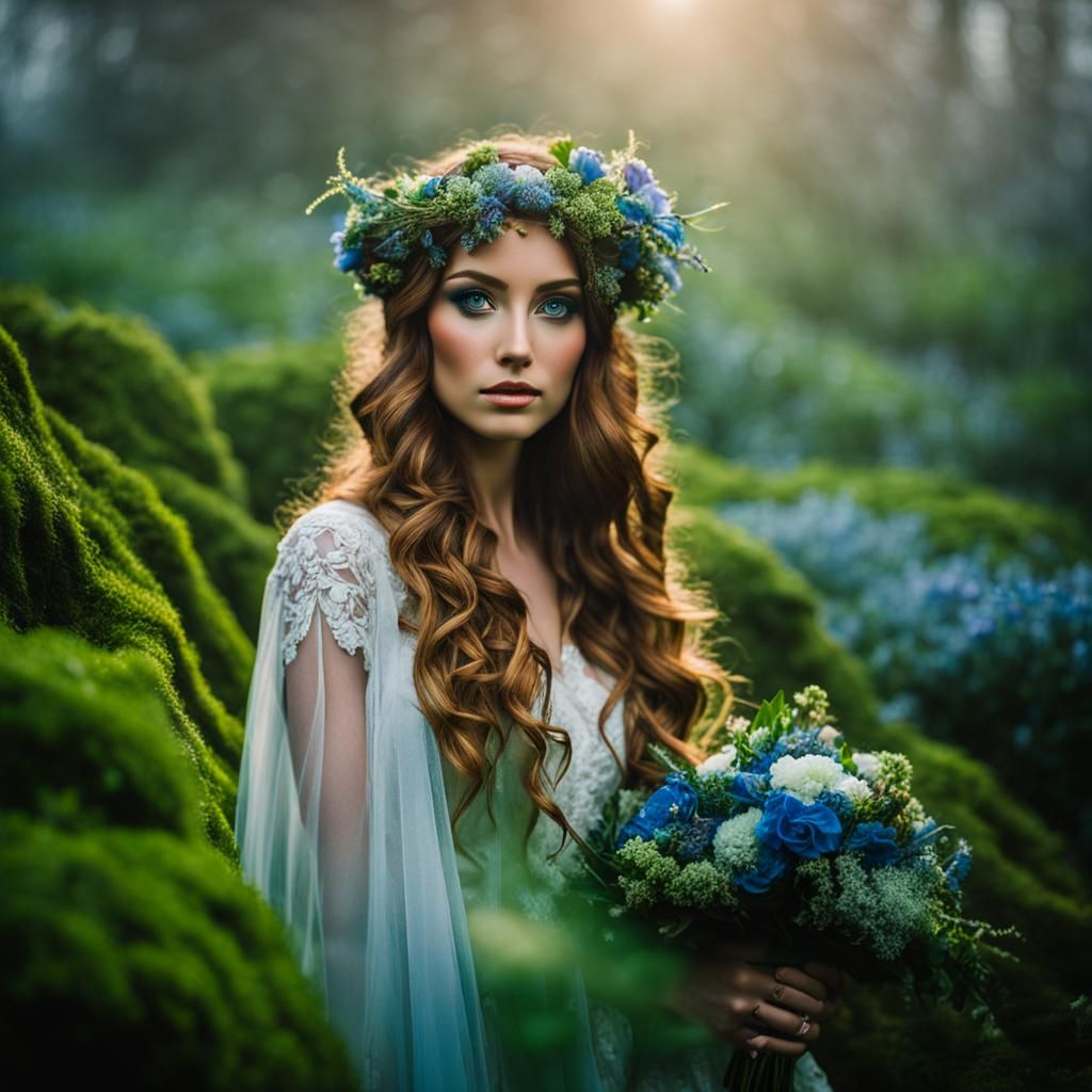 Botanical Bride in Misty Fairy Landscape