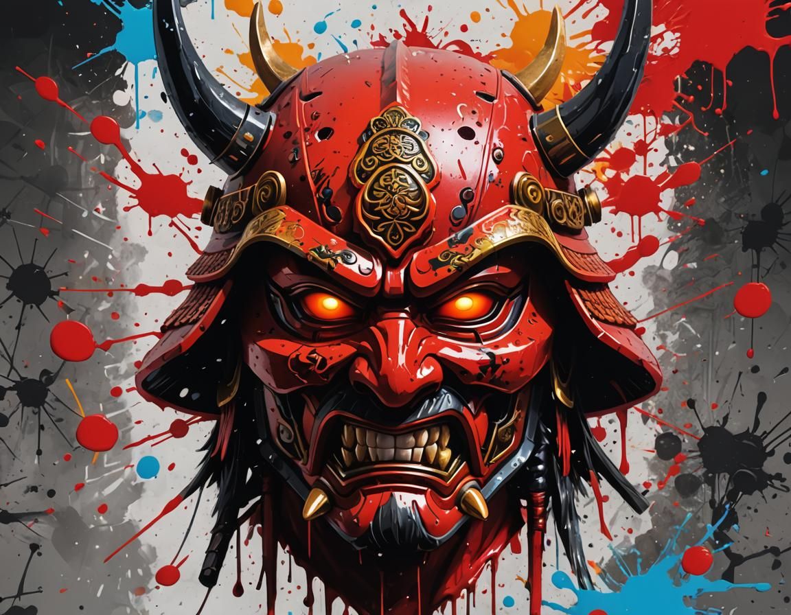 Samurai with Red Mask: Fantasy Graffiti Art