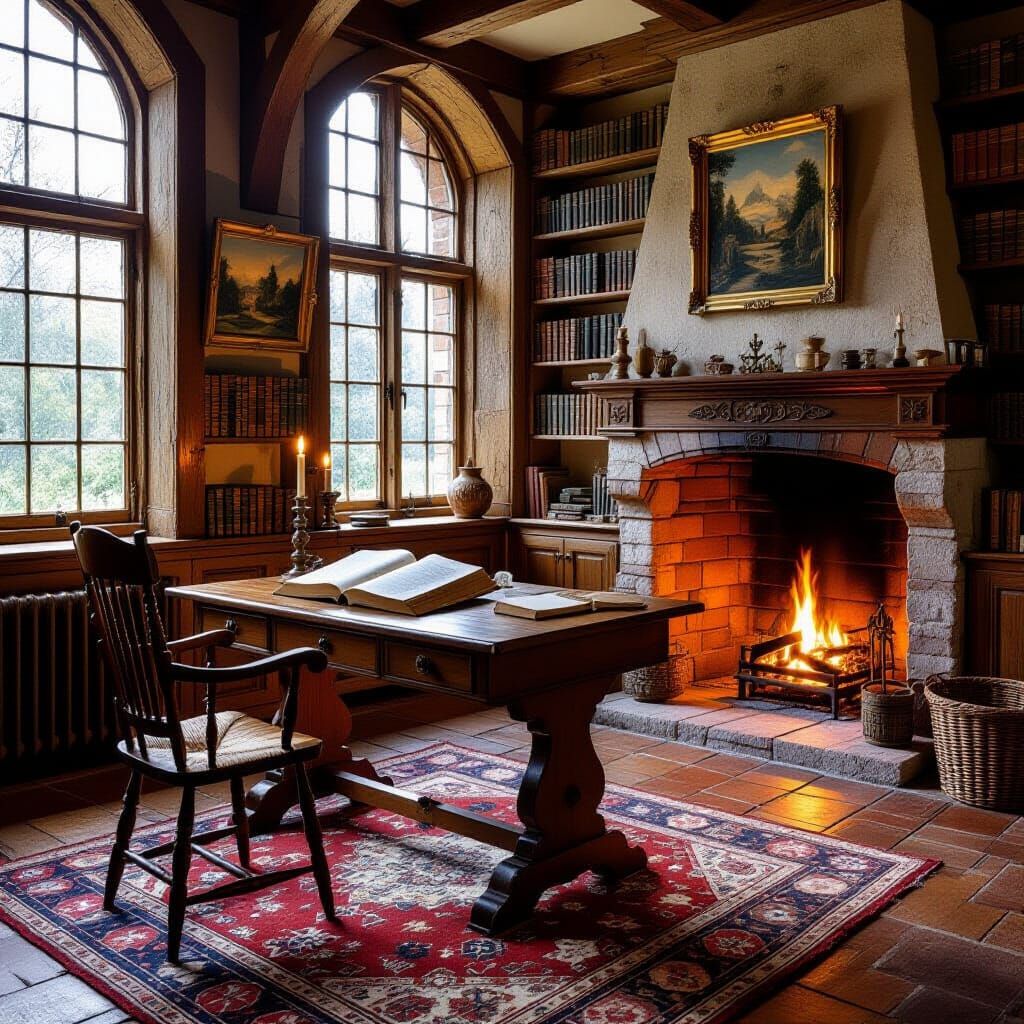 Quiet Medieval Study with Sunlight, in Classical Style