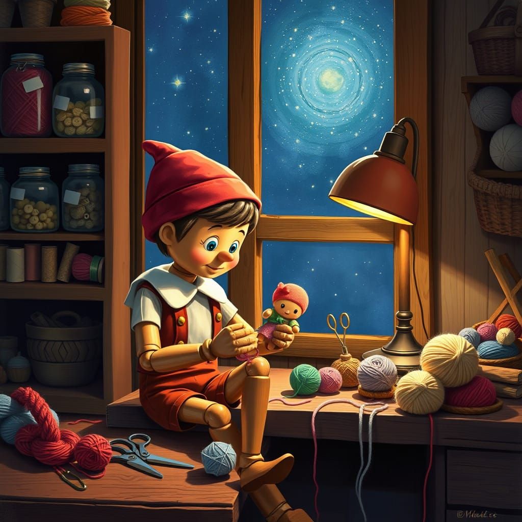 Whimsical Woodcarver Pinocchio Crafts a Cozy Yarn Doll by Mo...