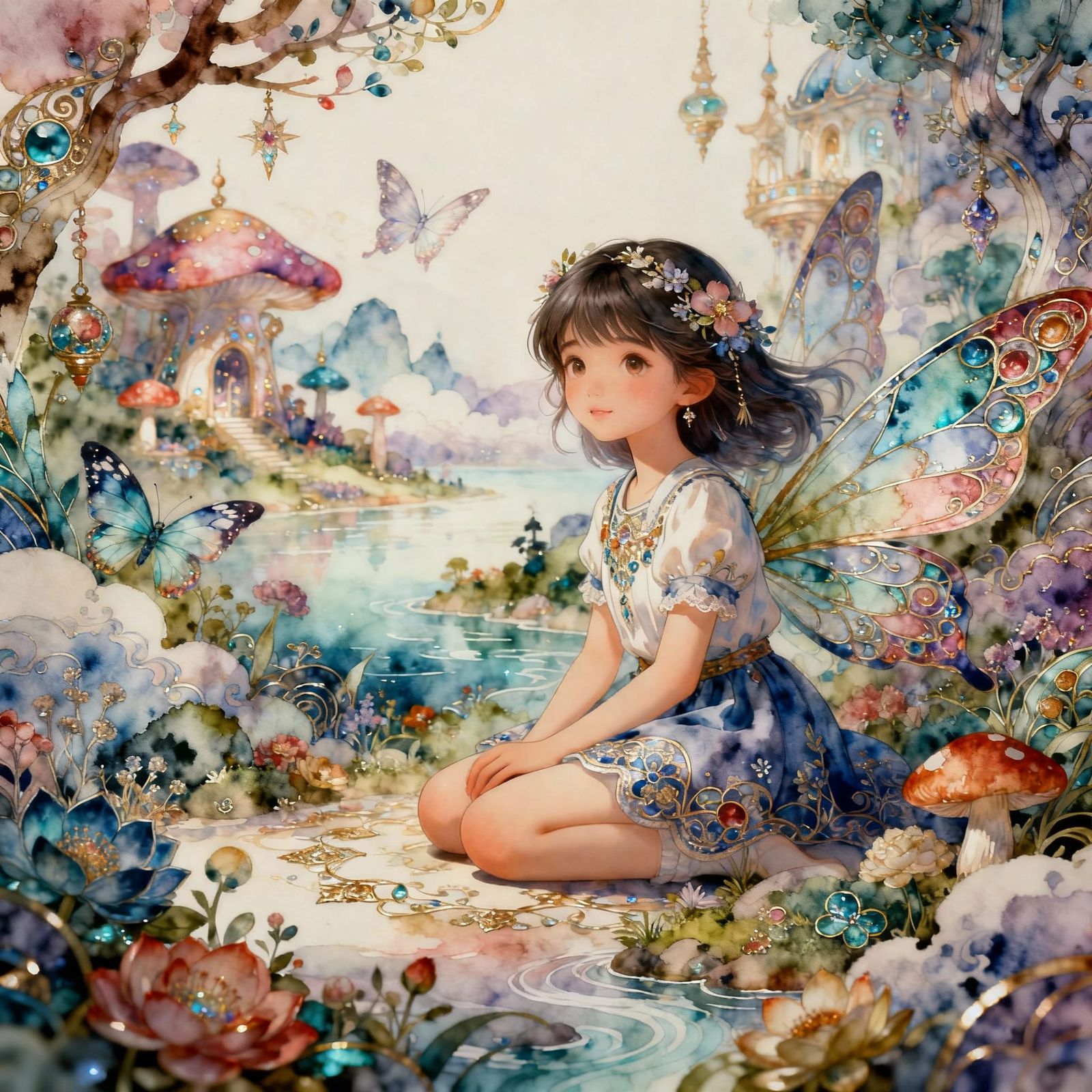 Youthful Dreamscape with Watercolor and Ink Art