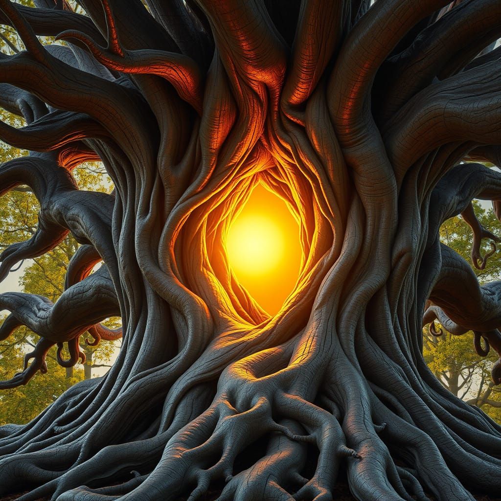 A Majestic Tree with a Secret Golden World Inside in Surreal...