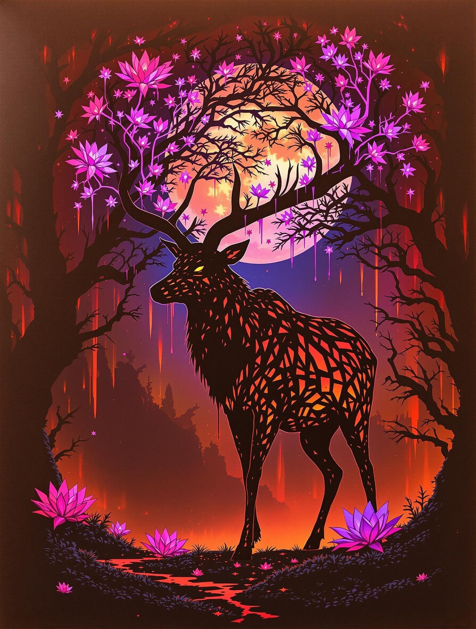 Ethereal Horned Stag in Surreal Ember-Lit Glade