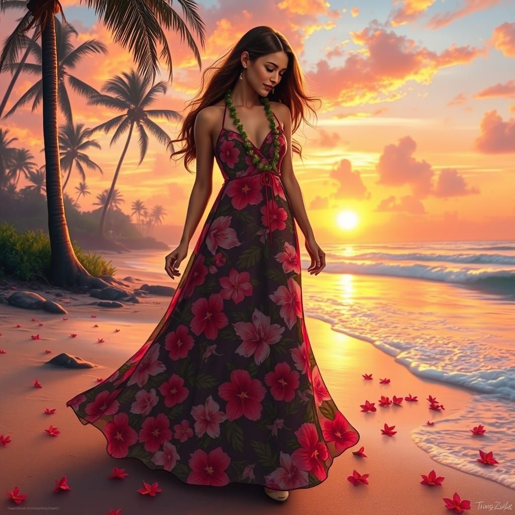 Woman in Floral Dress on Tropical Beach