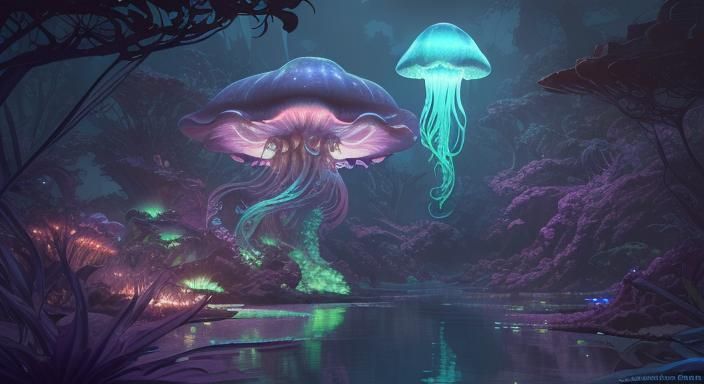 Glowing Alien Jellyfish and Octopus in Fantasy Lake