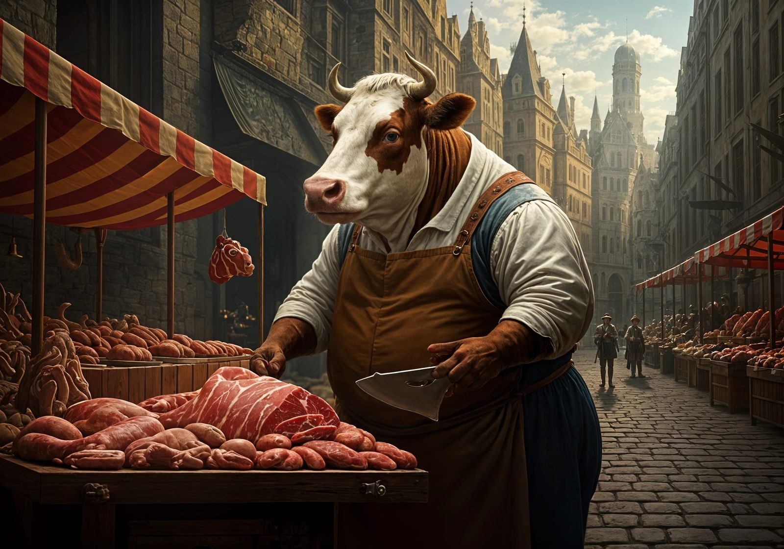 Medieval City Market Scene with Anthropomorphic Cow Butcher