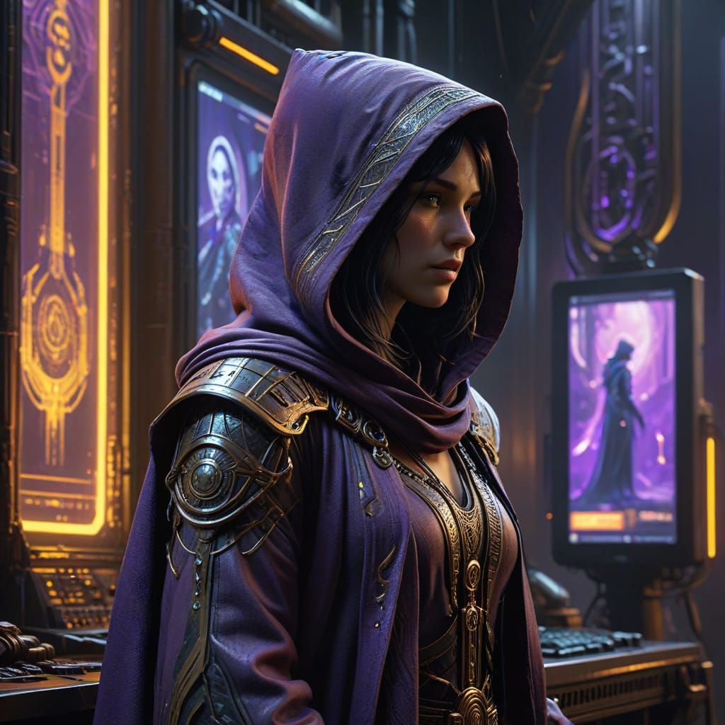 Dark Fantasy Cyberpunk Concept Art of Hooded Figure