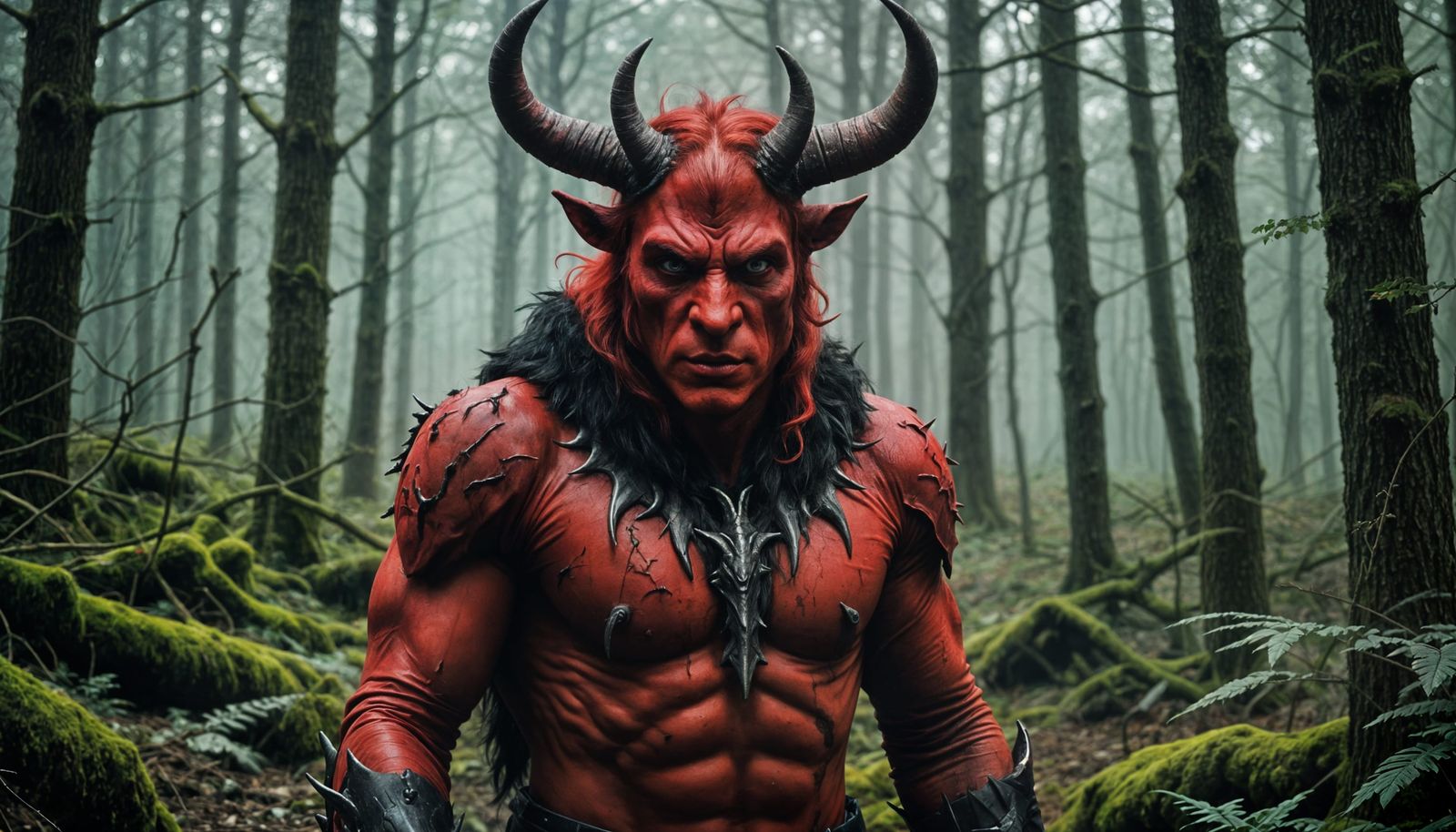 Evil Red Devil Hunting Unicorn in Dark Woodland